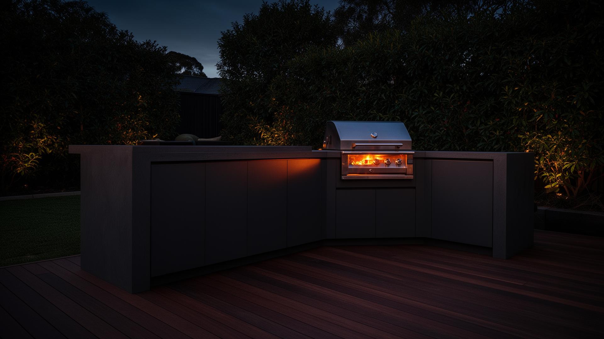 Custom outdoor kitchen built by Barbee's at dusk in Melbourne